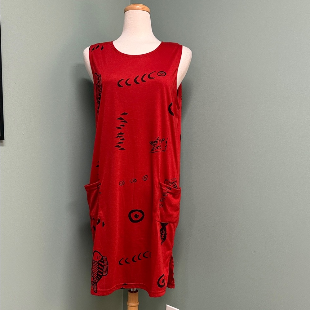 Beach Chic Bright Red Cotton Patterned Midi Dresswurh Pockets